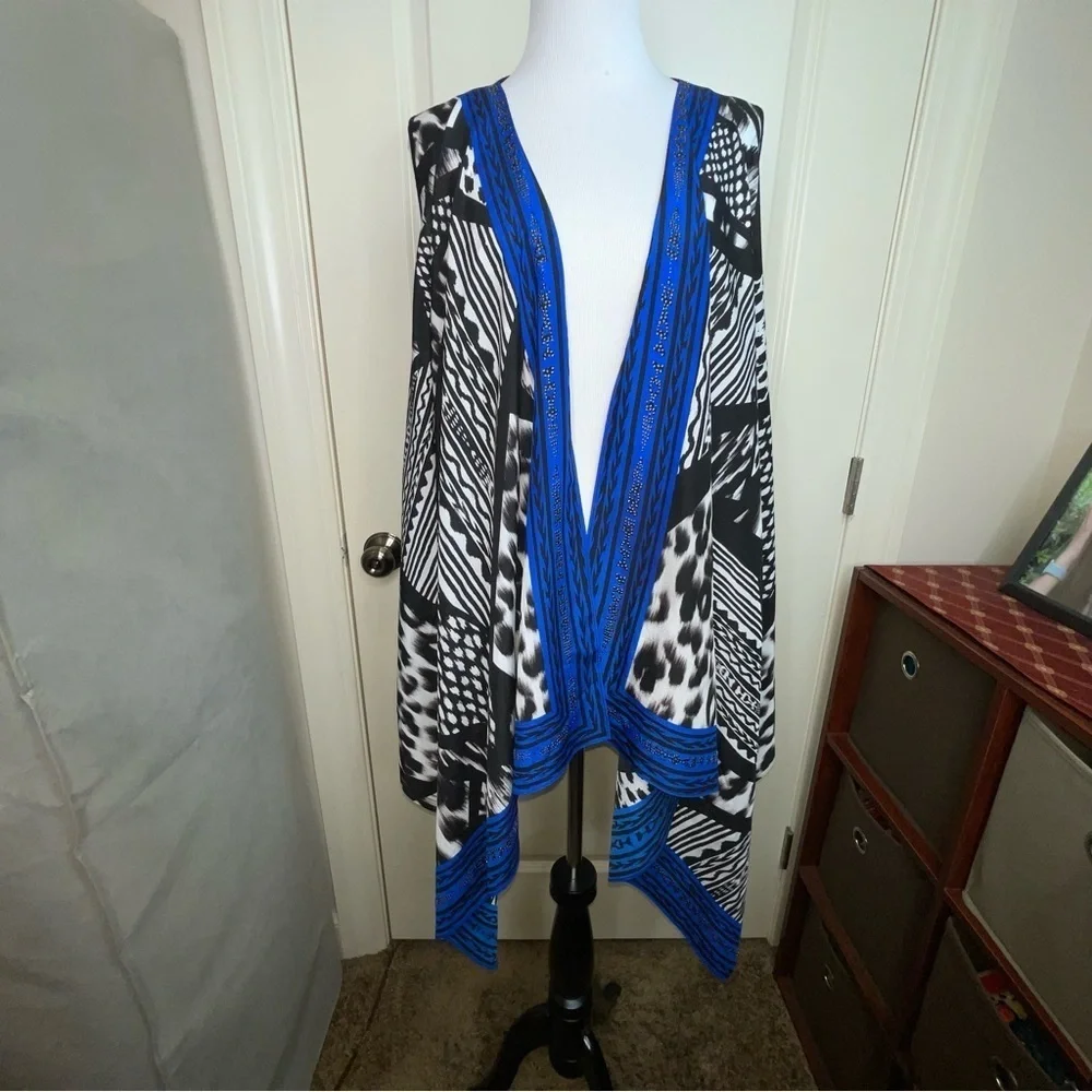 Chico’s Kimono Caftan Jacket Vest Cover Up Blue One Size L